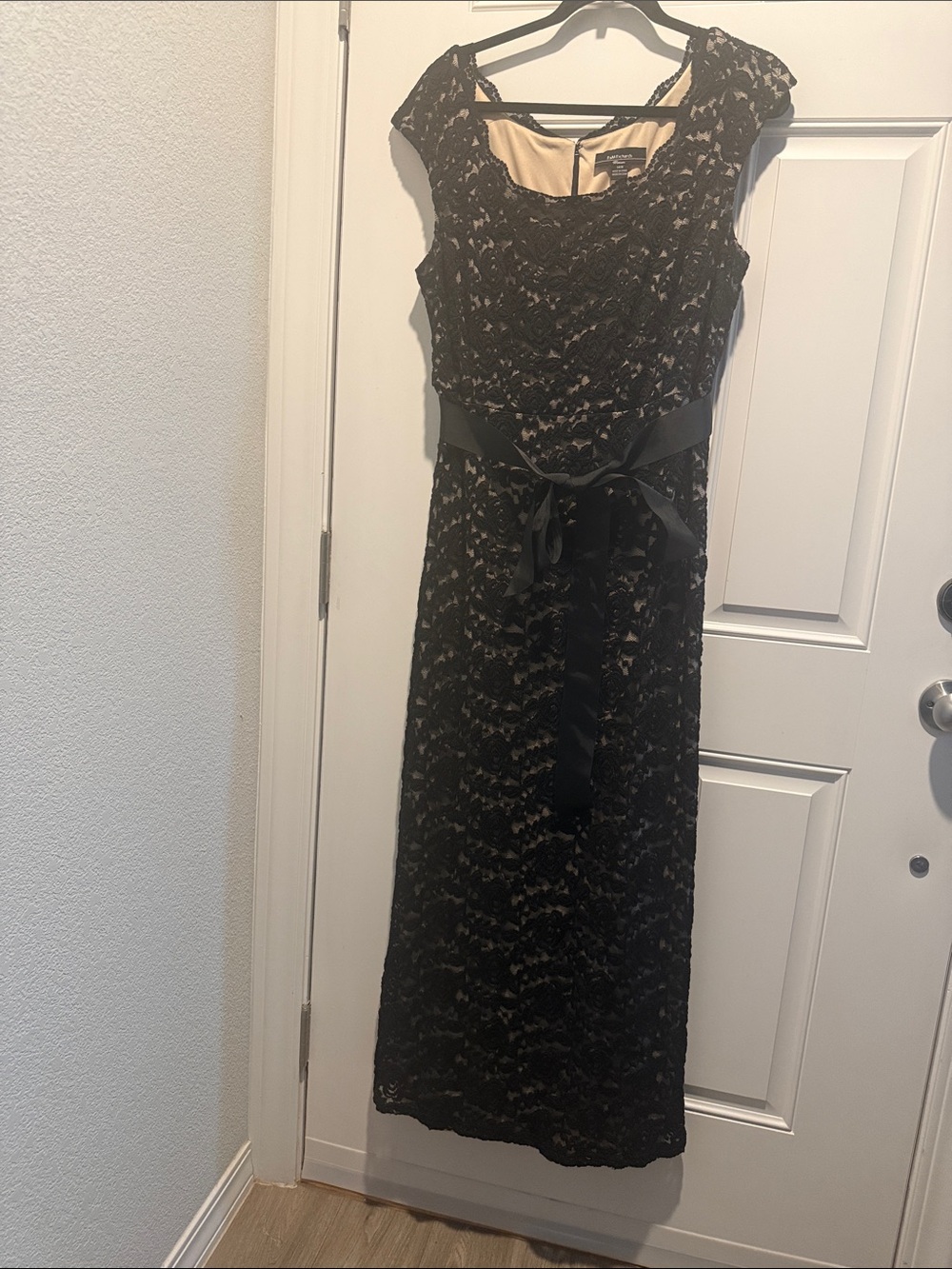 R&M Richards Black Lace Maxi Dress with Satin Waist Sash